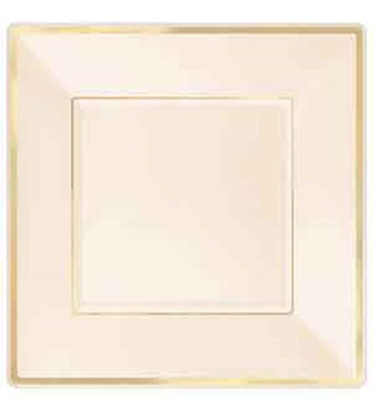 Square creme plastic plate with slightly raised edges and a subtle glossy finish, 9.75 inches wide.
