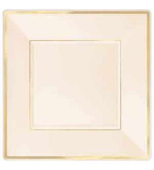 Cream-colored square plastic plate with slightly raised edges, 7.25 inches wide.