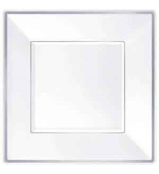 White square plastic plate with a slightly raised rim and glossy finish, 7.25 inches wide.