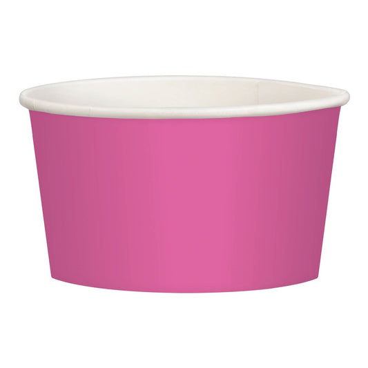 Bright pink disposable paper treat cup with white interior and rolled rim.