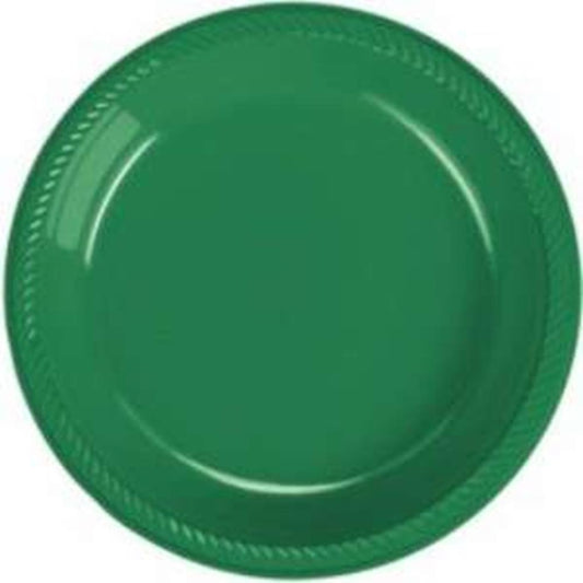 Round green plastic plate with embossed braided edge, 7 inches diameter.