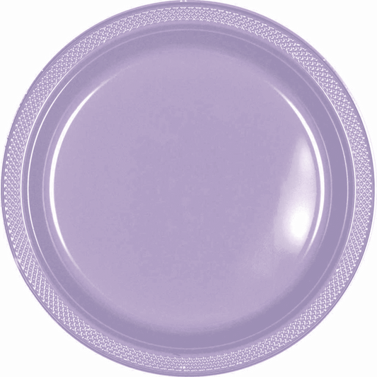 Round 7-inch lavender plastic plate with smooth rim, stackable design, 20 count pack.