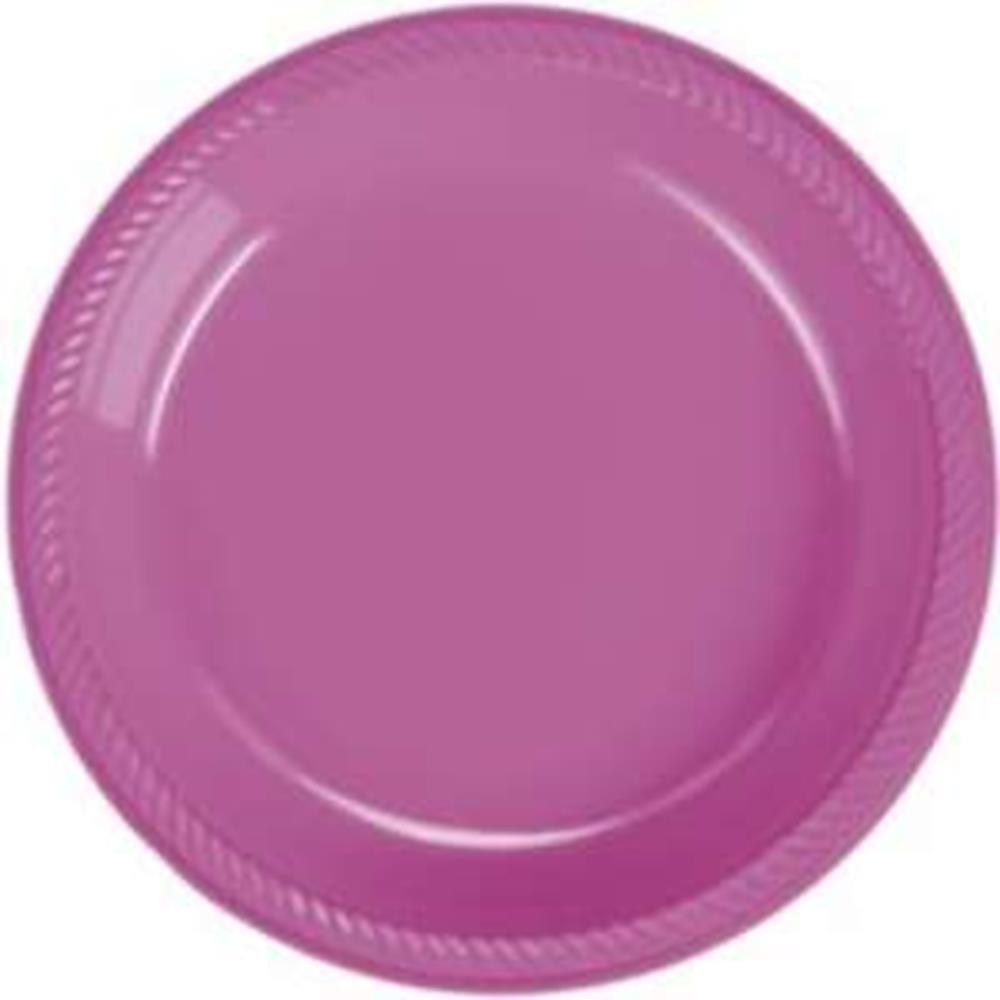 Bright pink round plastic plate with a subtle embossed rope design edge, 7-inch diameter.