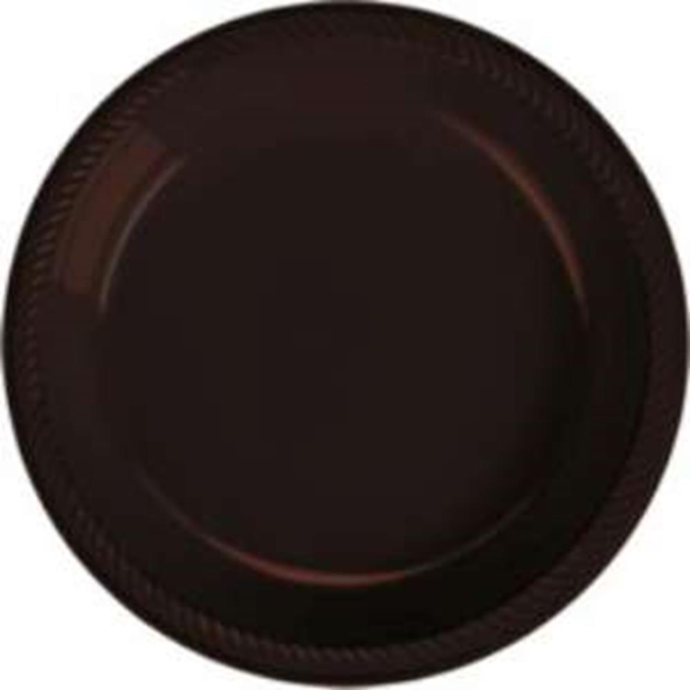 Round 7-inch chocolate brown plastic plate with subtle textured rim.