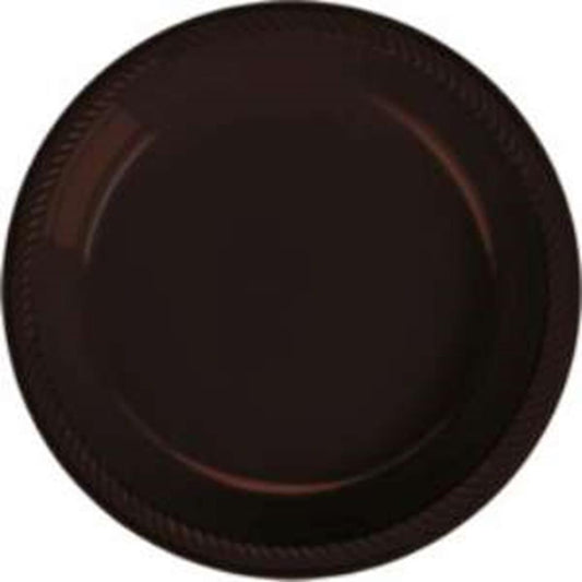 Round 7-inch chocolate brown plastic plate with subtle textured rim.