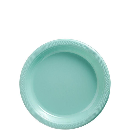 Round 7-inch robin's egg blue plastic plate with textured rim.