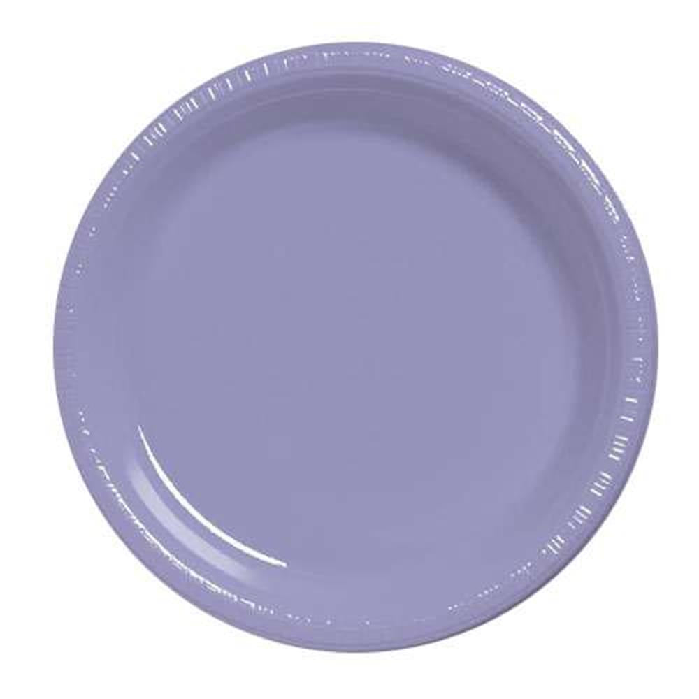 Lavender round plastic plate with a glossy finish, 9 inches in diameter.