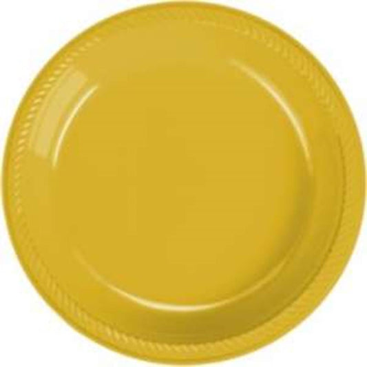 Round 9-inch sunshine yellow plastic plate with textured rim detail.