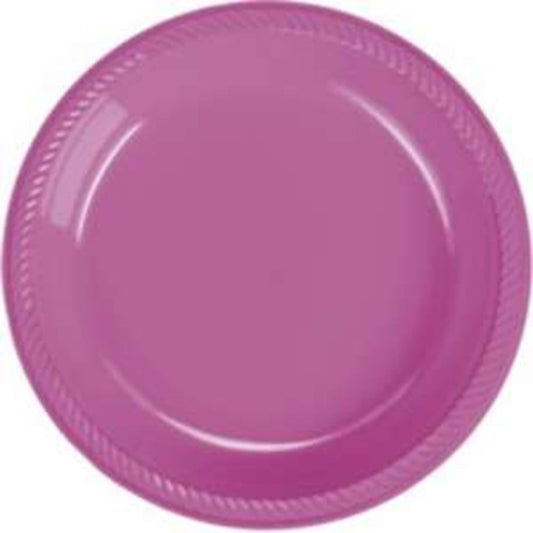 Bright pink round plastic plate with a braided edge design, 9 inches wide.