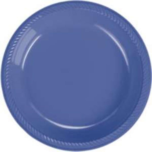 Purple 9-inch round plastic plate with decorative embossed rim, pack of 20.