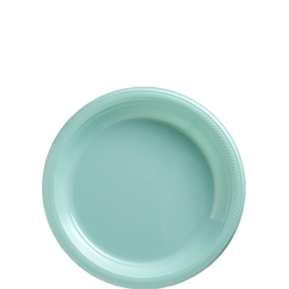 Round 9-inch plastic plate in robin's egg blue with smooth rim and shallow center.