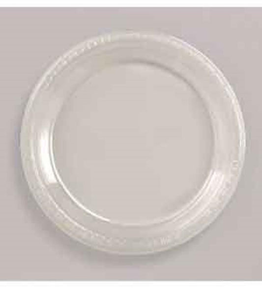 Stacked clear round plastic plates with smooth rims, 9 inches diameter.