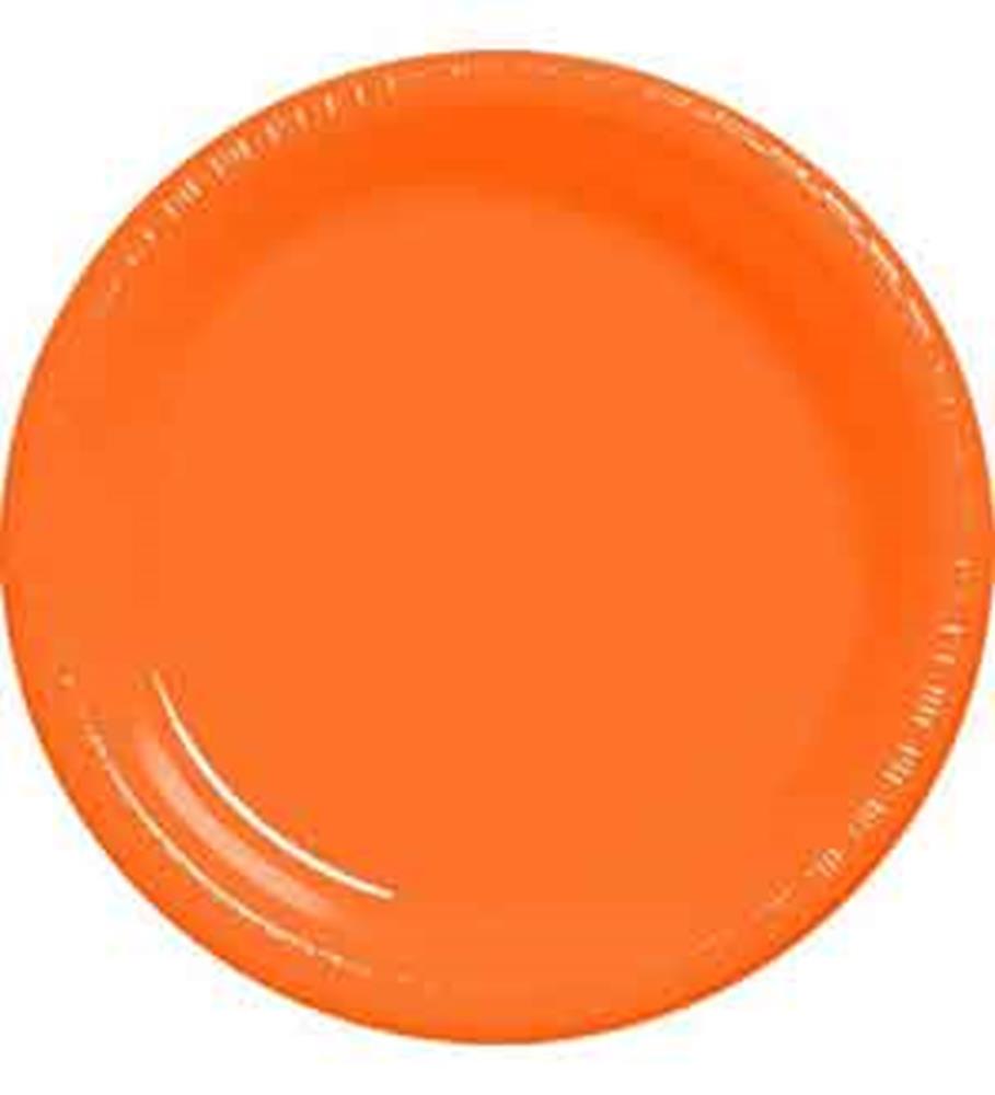 Bright orange 10-inch round plastic plate with glossy finish.