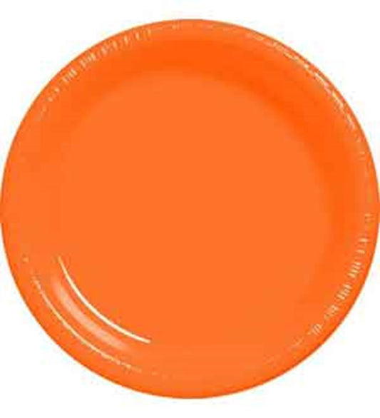 Bright orange 10-inch round plastic plate with glossy finish.