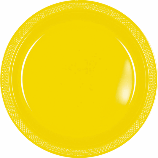 Bright yellow round plastic plate with a smooth glossy finish, 10 inches wide.