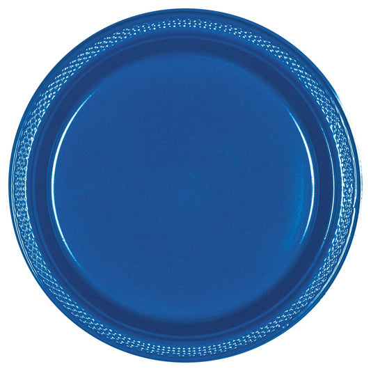 Bright royal blue 10-inch round plastic plate with decorative embossed border.