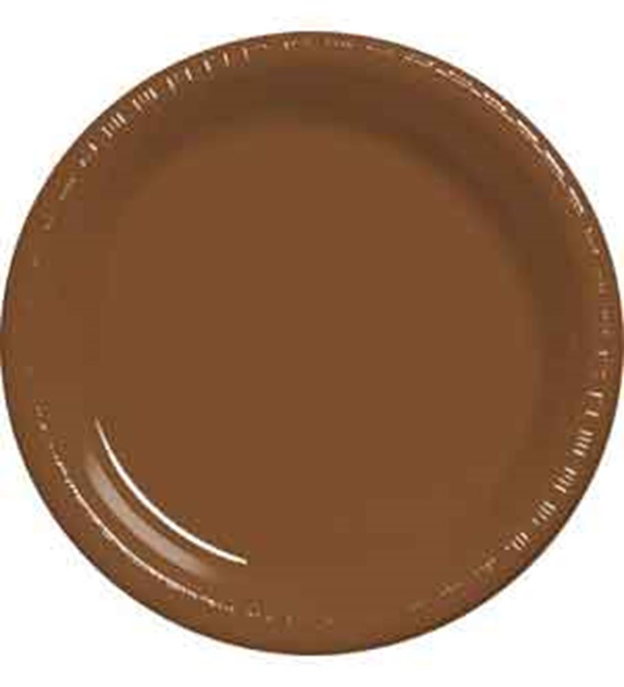 Round 10-inch chocolate brown plastic plate with smooth glossy finish.