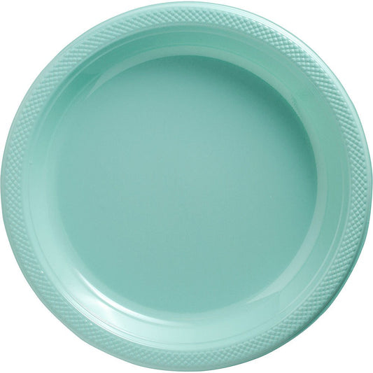 Round 10-inch robin's egg blue plastic plate with textured rim.