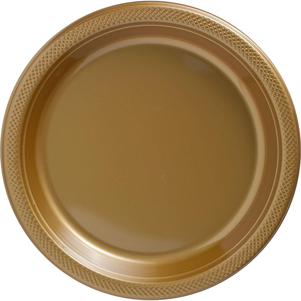 Round 10-inch gold plastic plate with a textured rim, set for serving or parties.