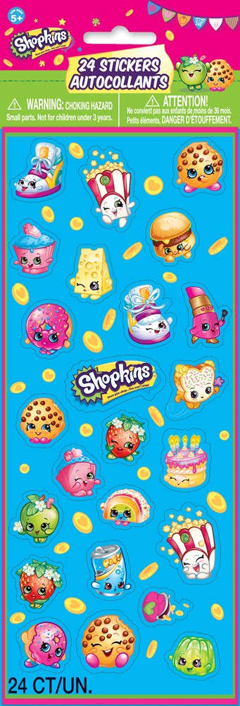 Colorful Shopkin puffy stickers with various cute character designs on a teal background.