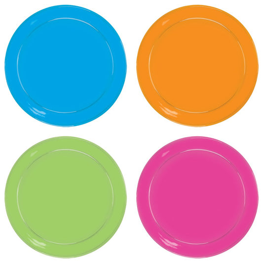 Set of four 6-inch neon plastic plates in blue, orange, green, and pink colors.