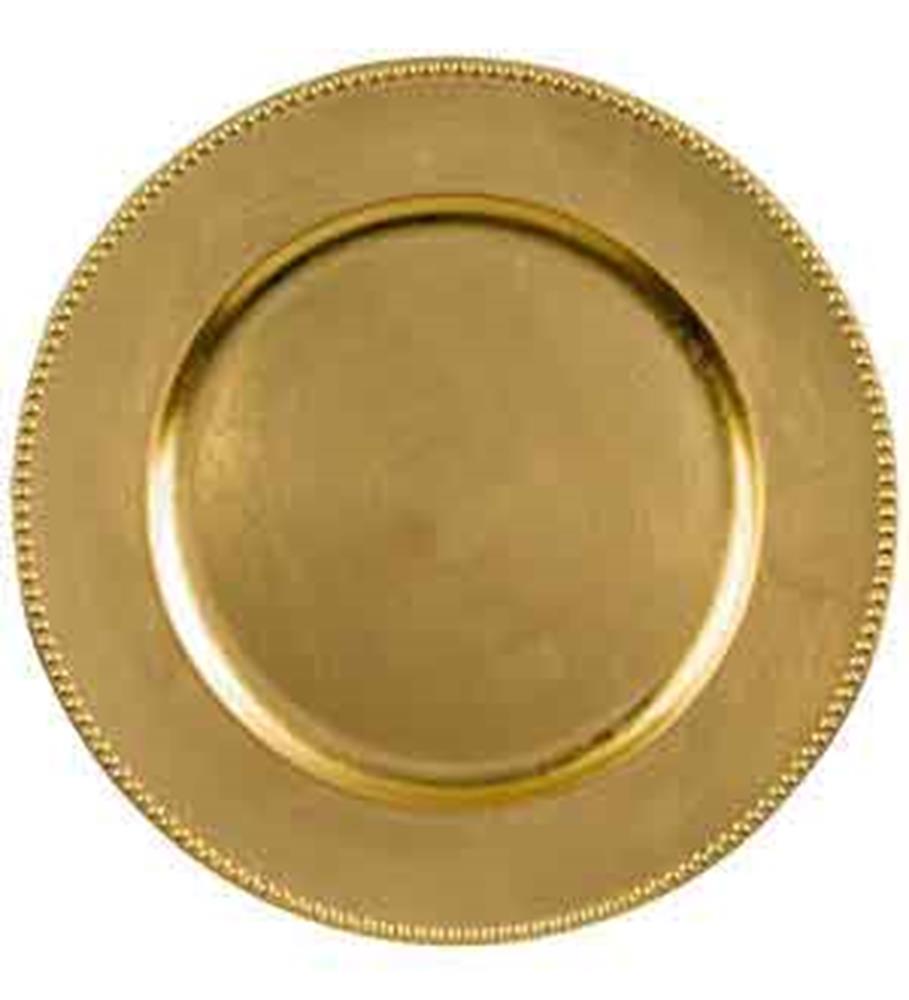 Round metallic gold plastic charger plate with beaded edge detail, 14 inches wide.