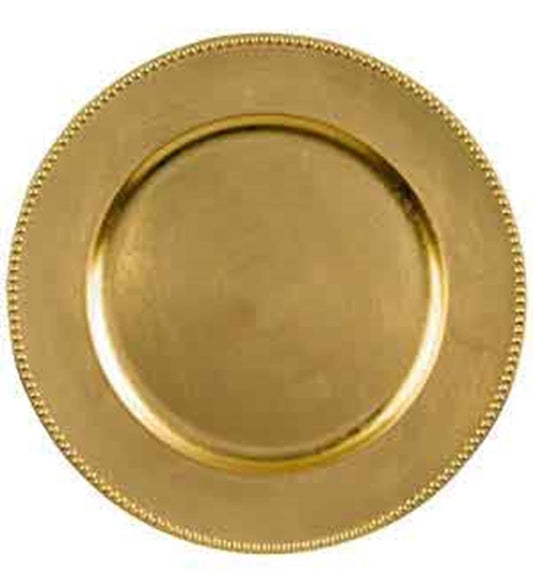 Round metallic gold plastic charger plate with beaded edge detail, 14 inches wide.