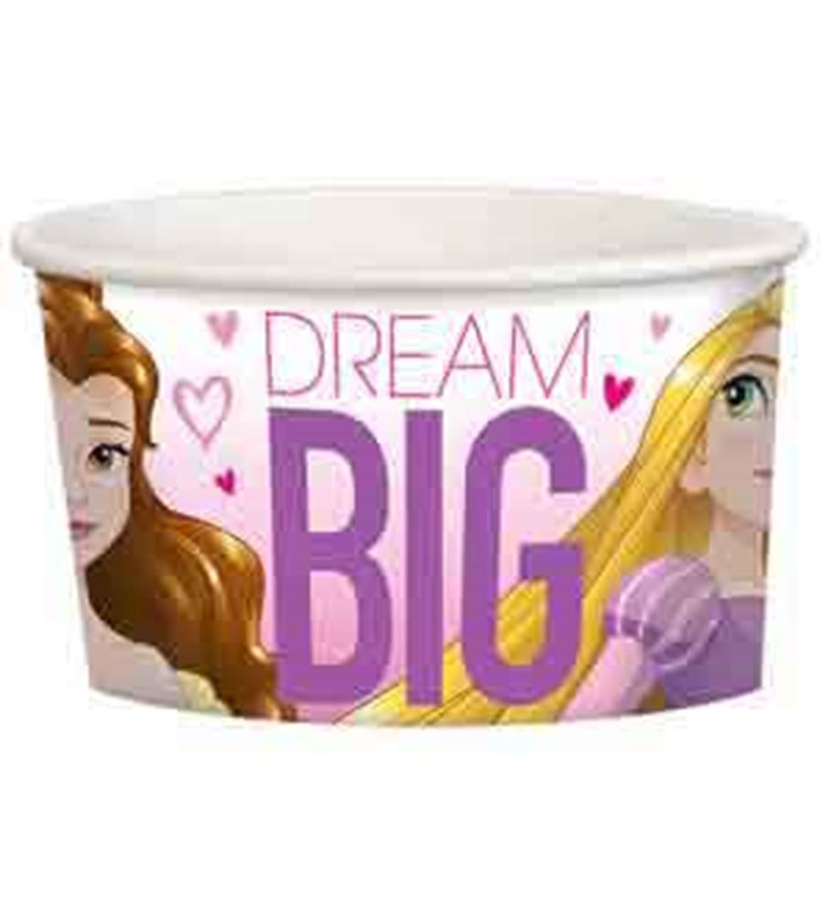 White disposable cup featuring Disney princesses Belle and Rapunzel with "Dream Big" in purple and pink hearts.