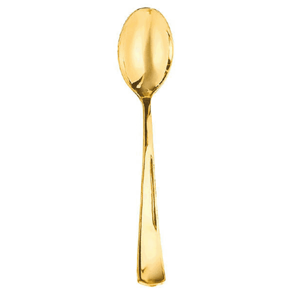Shiny gold plastic spoon with a rounded bowl and tapered handle.