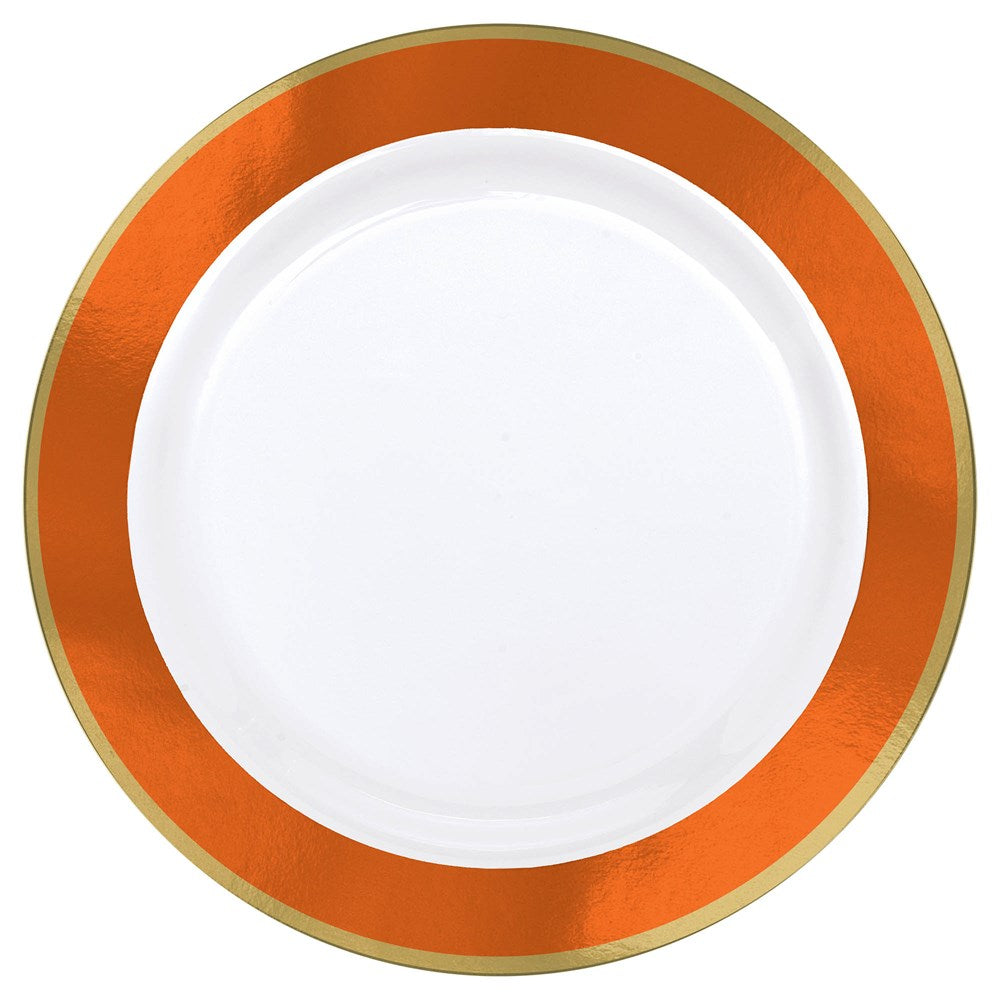 White round ceramic plate with a wide orange and thin gold border, 10-inch diameter.