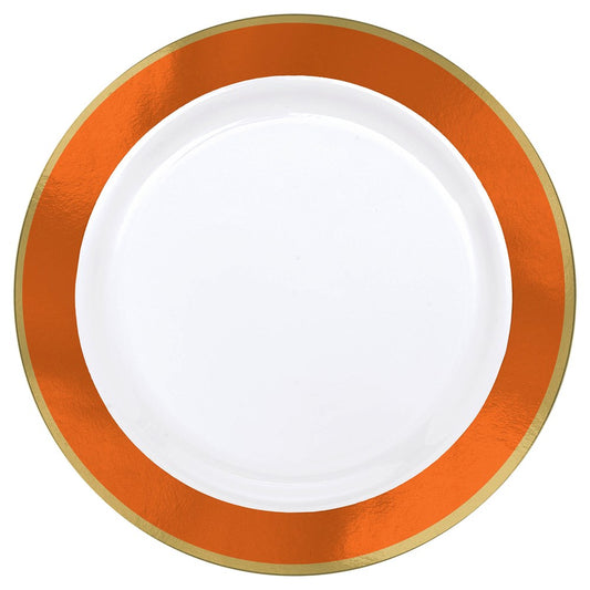 White round ceramic plate with a wide orange and thin gold border, 10-inch diameter.