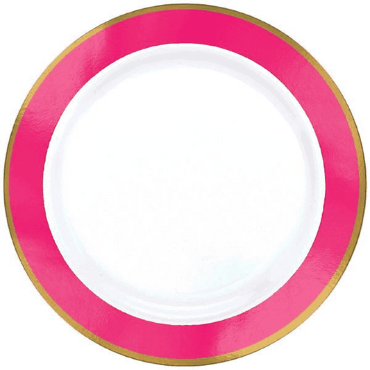 Round white plate with a bright pink border and a gold accent ring, 10.25 inches diameter.