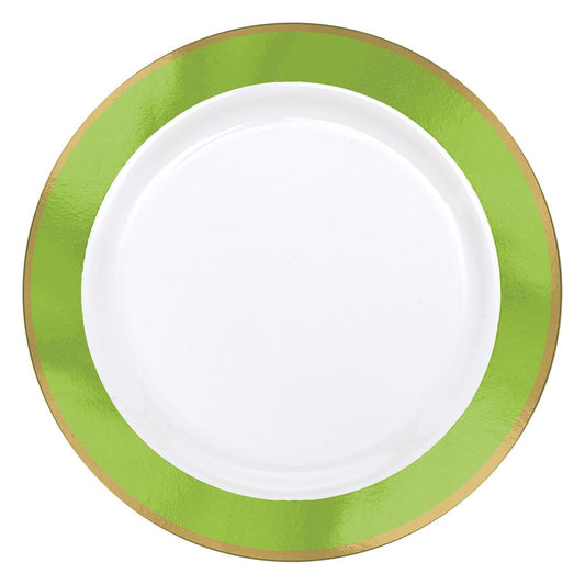 White plate with glossy green kiwi-inspired border and thin gold rim, 10.25 inches diameter.