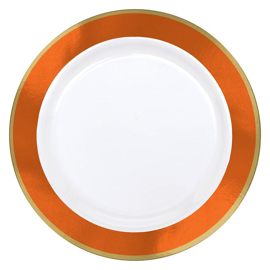 White plate with a wide orange border and thin gold trim, 7.5 inches diameter.