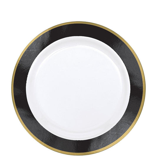 White ceramic plate with a wide black border and thin gold trim, 7.5-inch diameter.