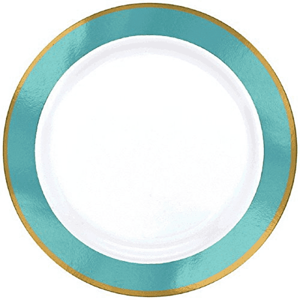 Round 7.5-inch plate with robin's egg blue rim and gold metallic border.