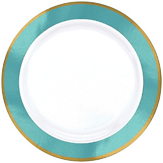 Round 7.5-inch plate with robin's egg blue rim and gold metallic border.