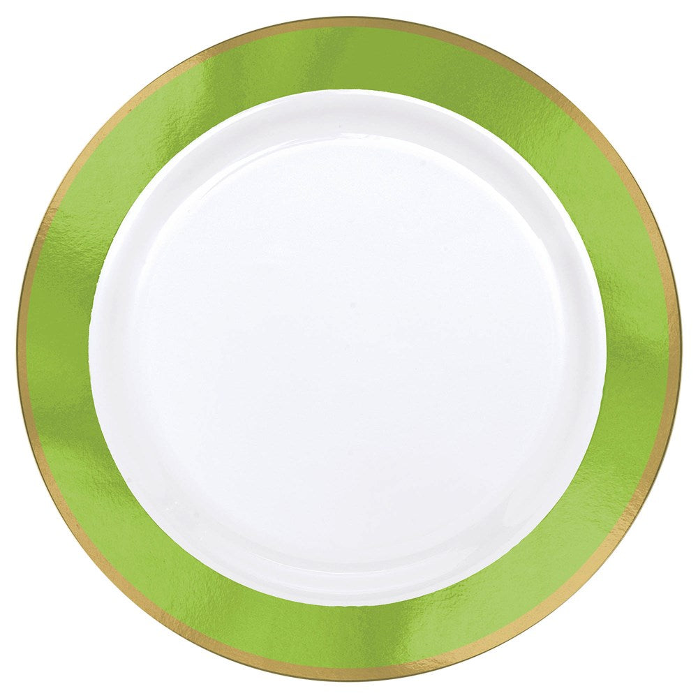 Round white plate with 7.5-inch bright green kiwi-inspired border and gold trim.