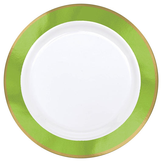 Round white plate with 7.5-inch bright green kiwi-inspired border and gold trim.