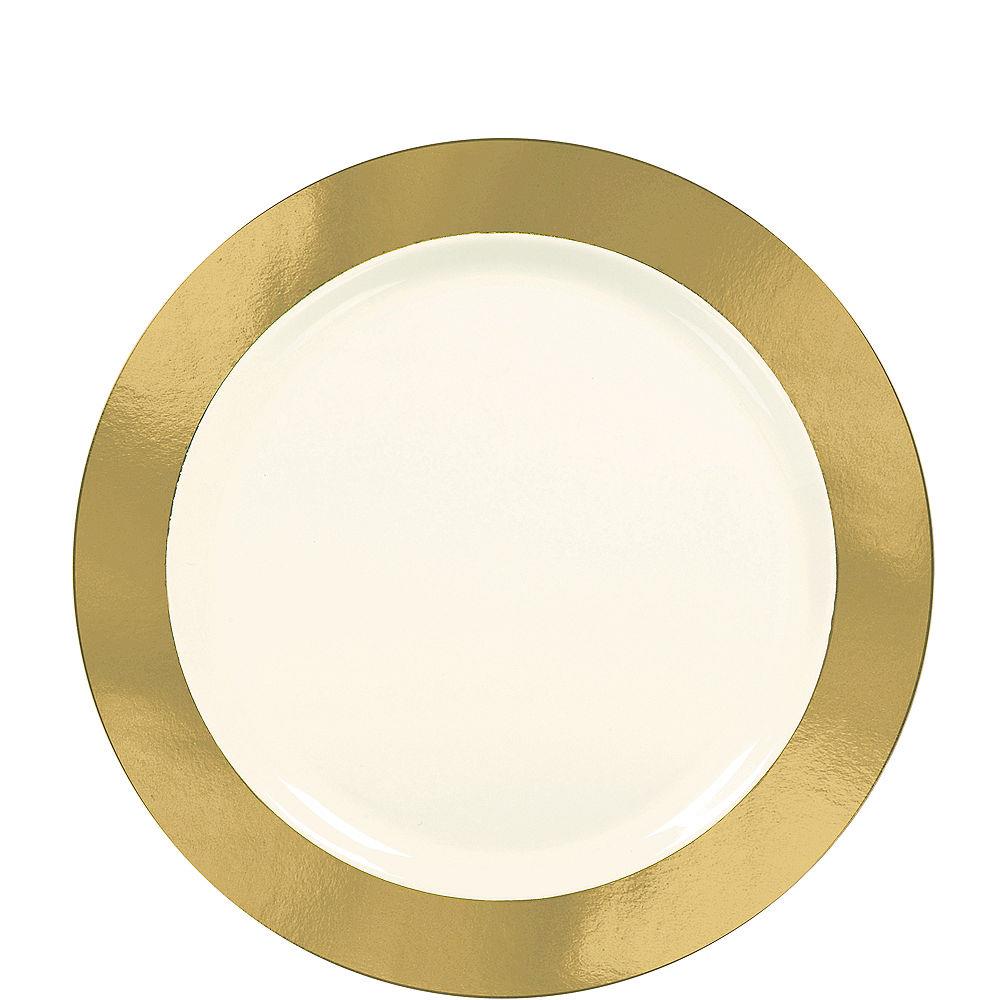 Round cream-colored plate with wide shiny gold rim, 7.5 inches diameter.