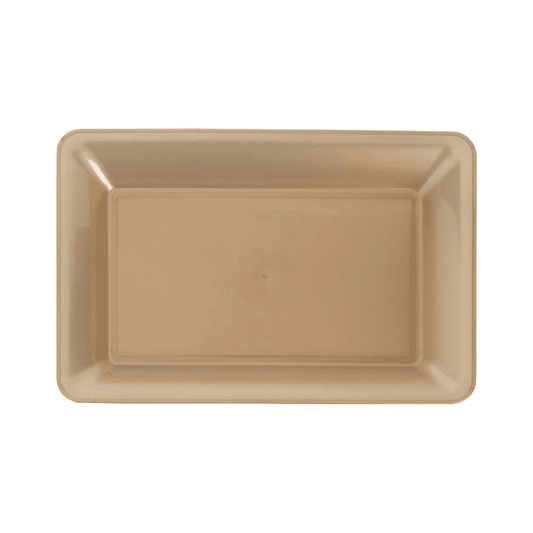 Rectangular gold tray with raised edges and glossy finish, measuring 9.2 by 14.2 inches.