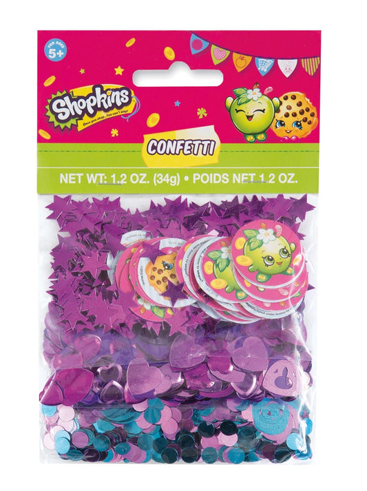 Colorful confetti mix with Shopkins birthday-themed shapes in pink, purple, and teal in clear plastic bag with bright pink.