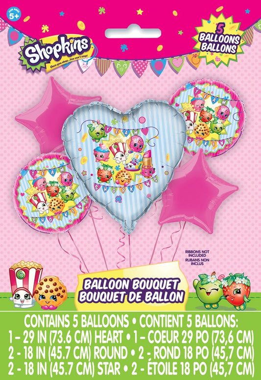 Five Shopkins-themed foil balloons in pink and blue, including heart, star, and round shapes with colorful cartoon.