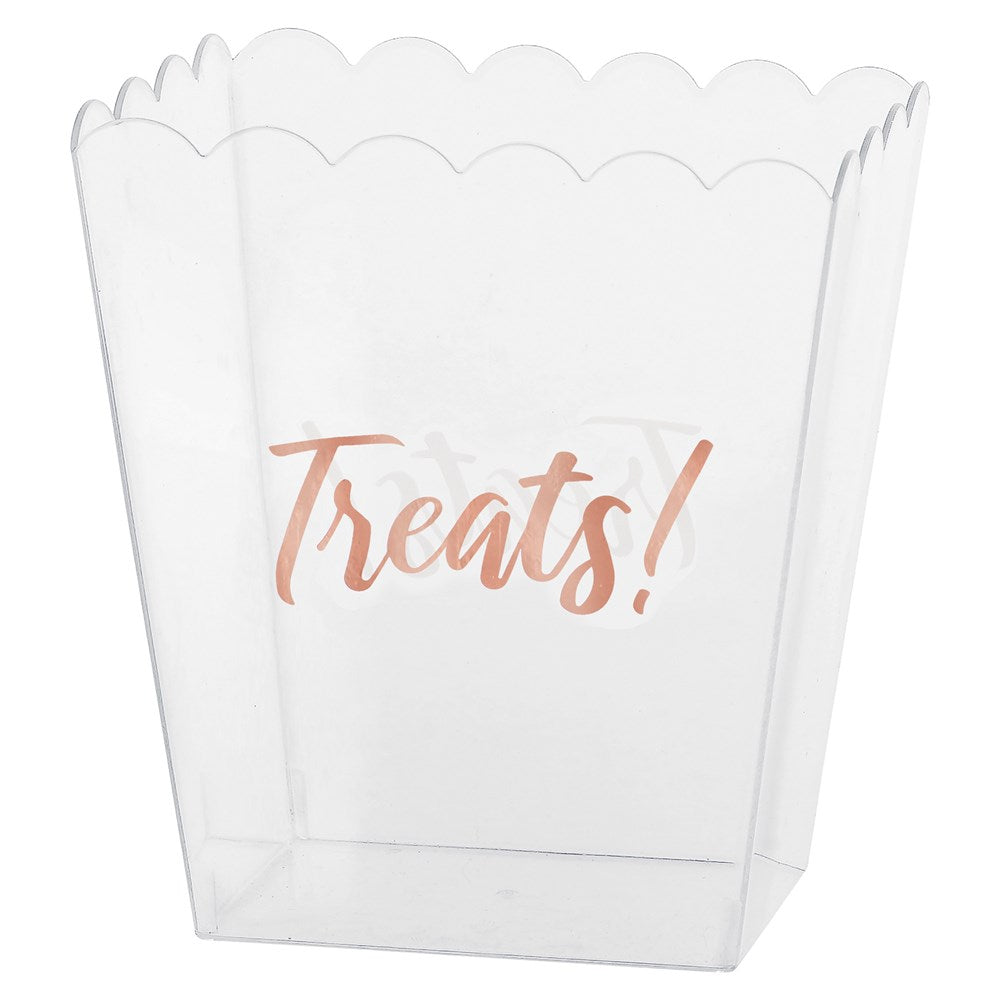 Clear rectangular container with rose gold scalloped edges and "Treats!" in rose gold script on front.