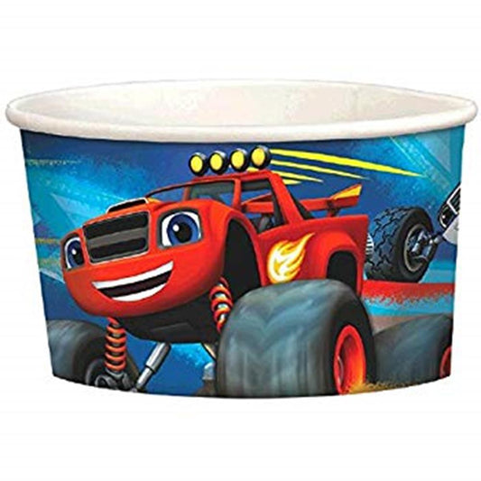 Red Blaze Monster Machines toy truck on blue background treat cup with tire and flame details.
