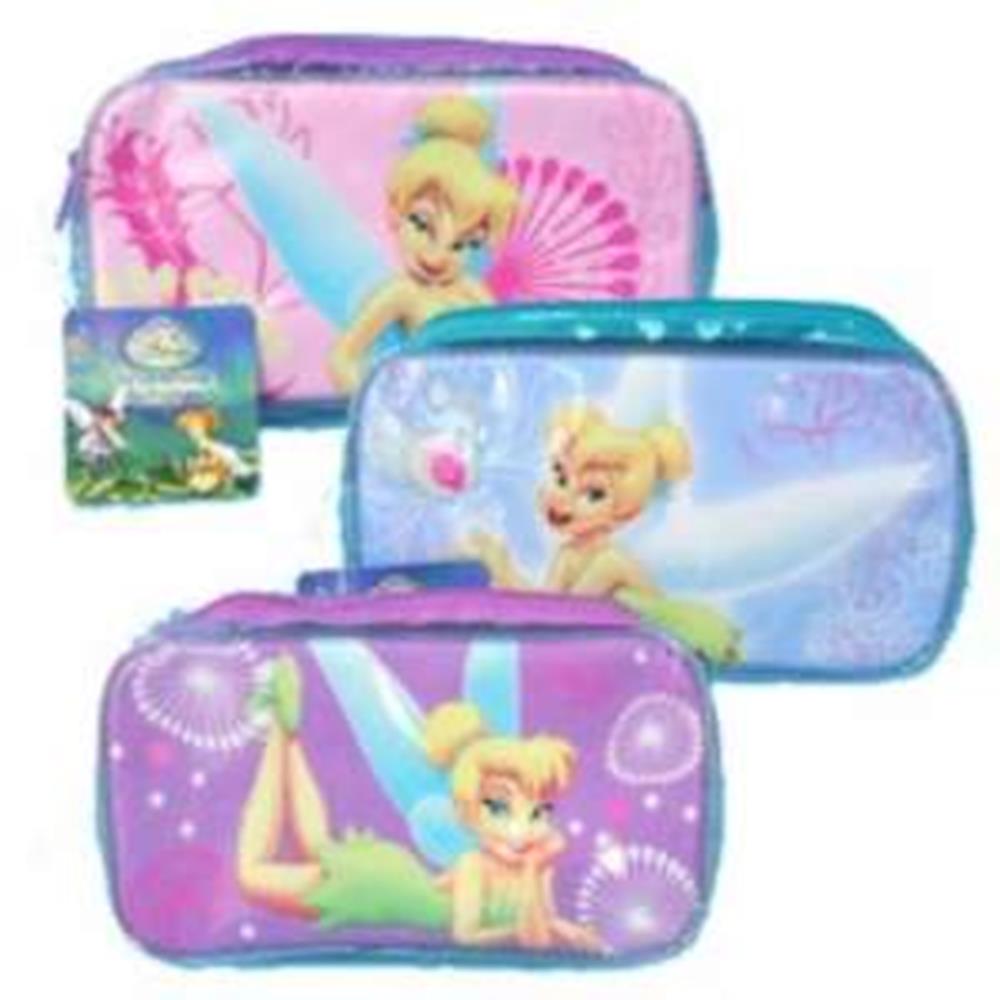 Set of three Tinkerbell-themed rectangular pencil pouches in pink, blue, and purple with PVC material and fairy graphics.