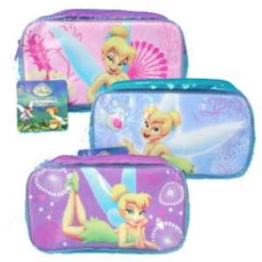 Set of three Tinkerbell-themed rectangular pencil pouches in pink, blue, and purple with PVC material and fairy graphics.