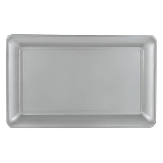 Rectangular silver tray with smooth edges and a slightly raised border, 11 by 18 inches.