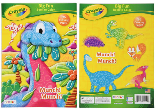 Crayola coloring book with colorful dinosaur illustrations on yellow cover, featuring green and blue dinosaurs and bold.