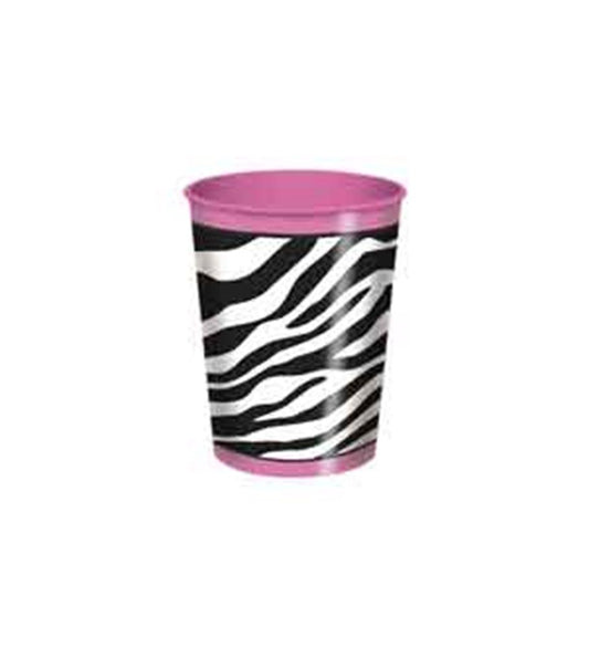 16oz plastic cup with black and white zebra stripes and a pink rim and base.